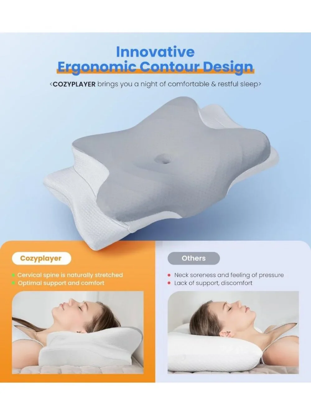 Cooling Neck Support Pillow, Adjustable Ergonomic Memory Foam, Pain Relief for